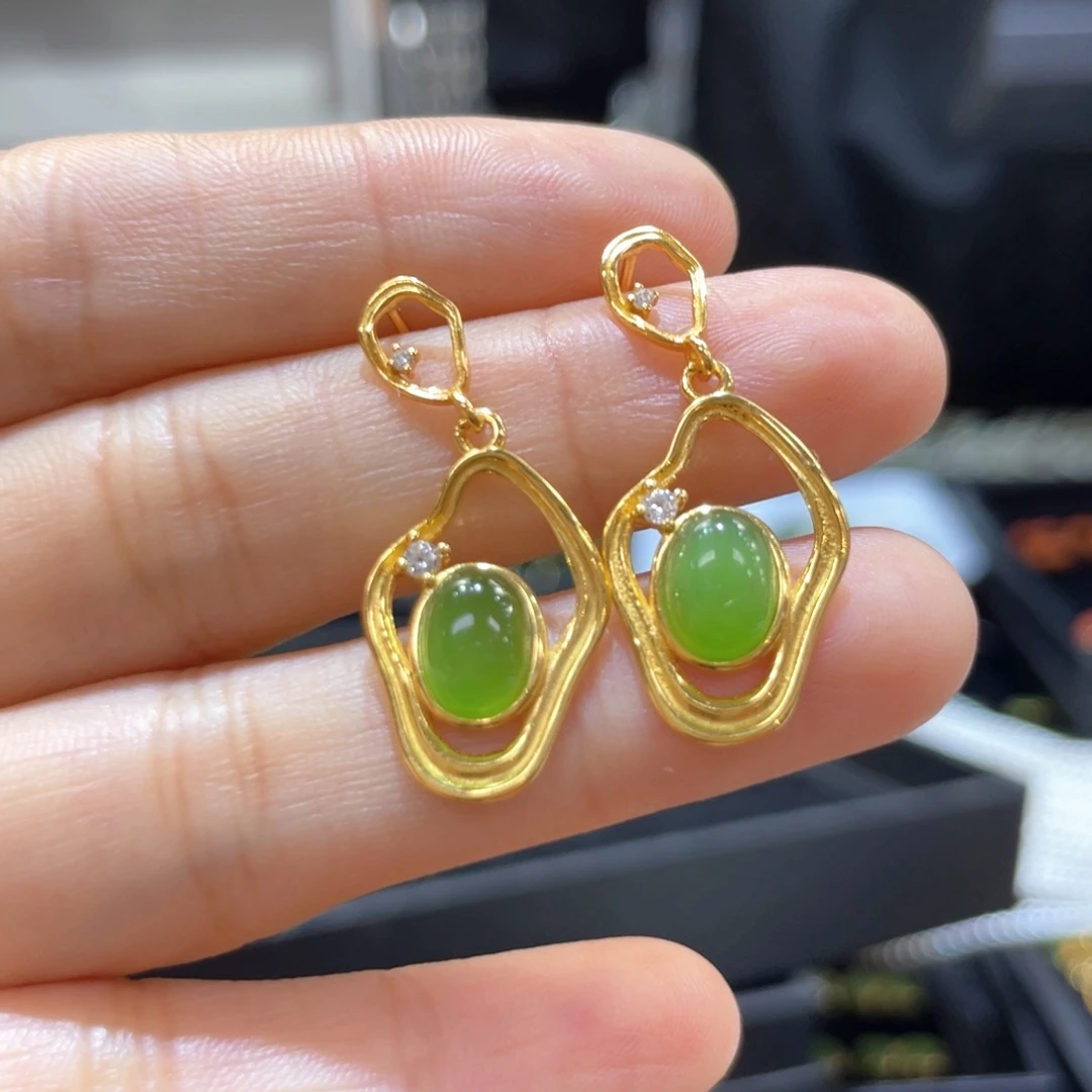 和田玉银S925镶嵌耳饰