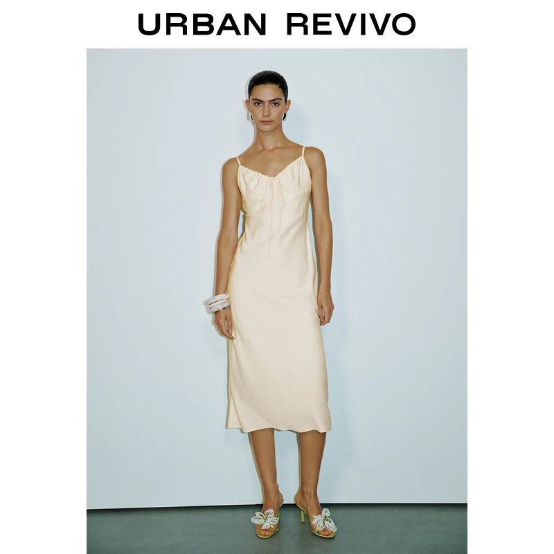UR2025夏季新款女装简约气质V领系带吊带连衣裙UWG750082