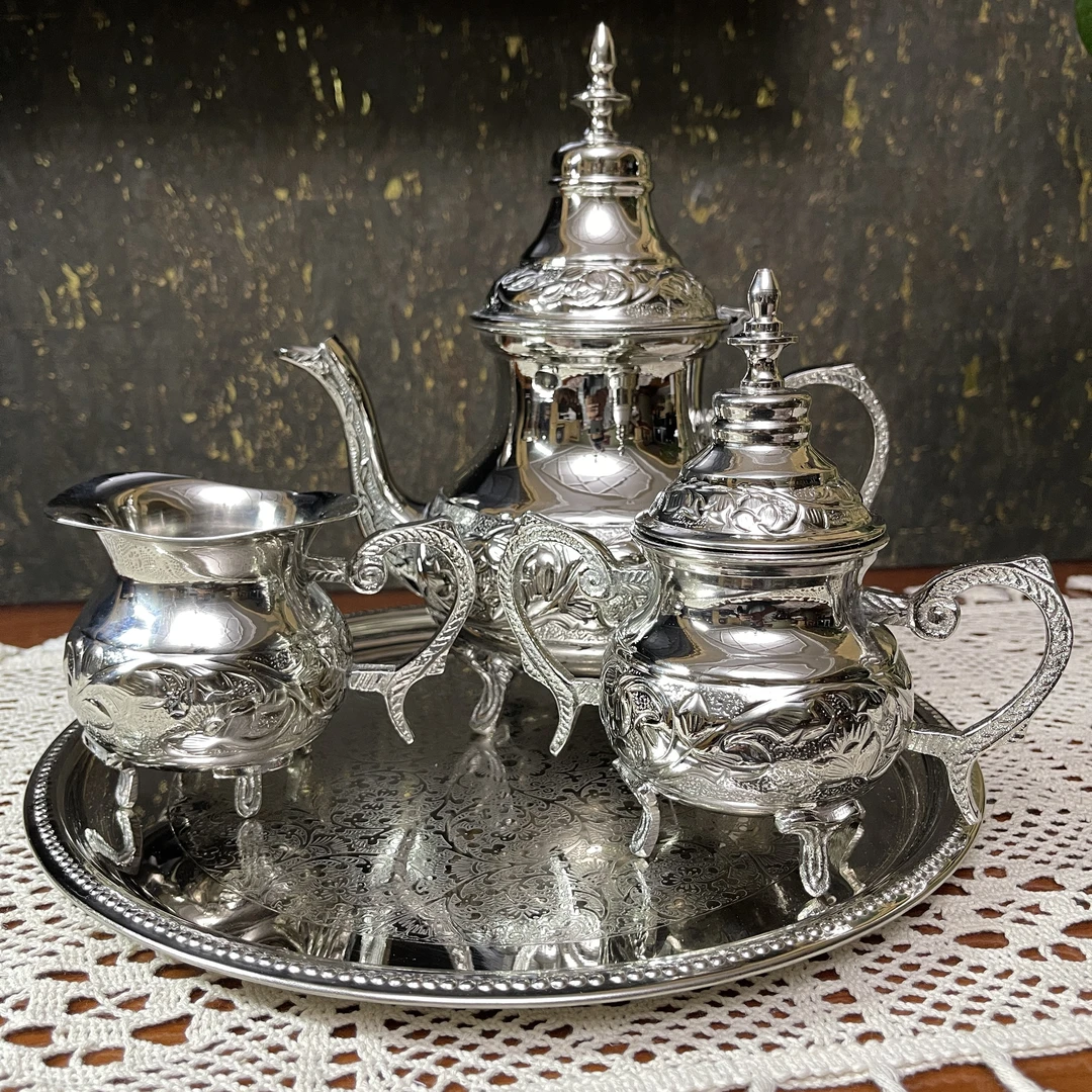 【包邮】高档茶具4件套 手工雕刻黄铜茶具套复古民宿装饰
