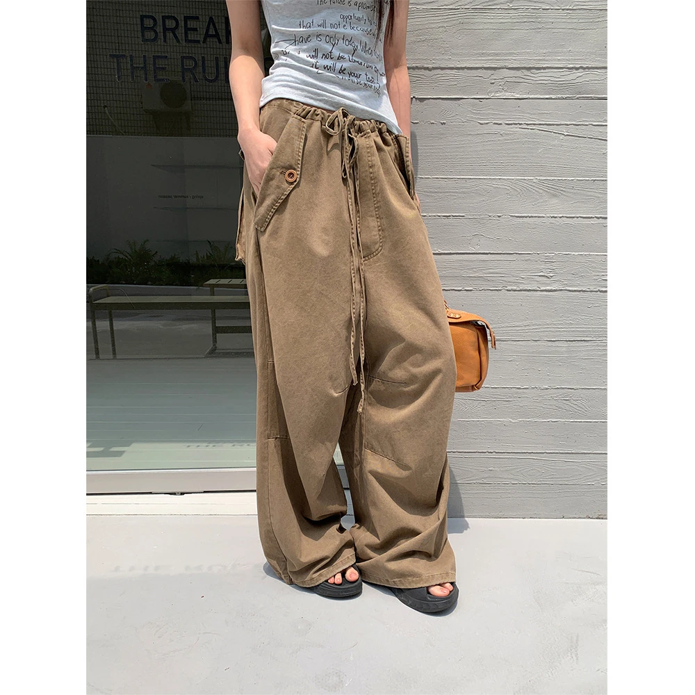 aSweet 2025夏季美式工装阔腿牛仔裤女复古宽松抽绳长裤女