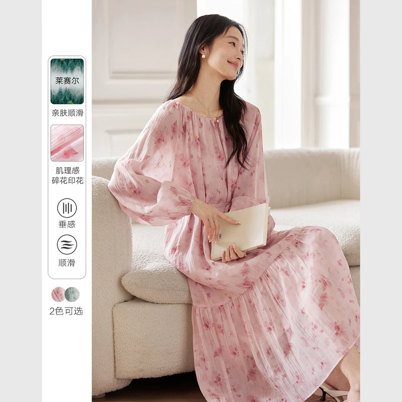 *含莱赛尔法式优雅连衣裙春夏款宽松显瘦碎花裙女A0627