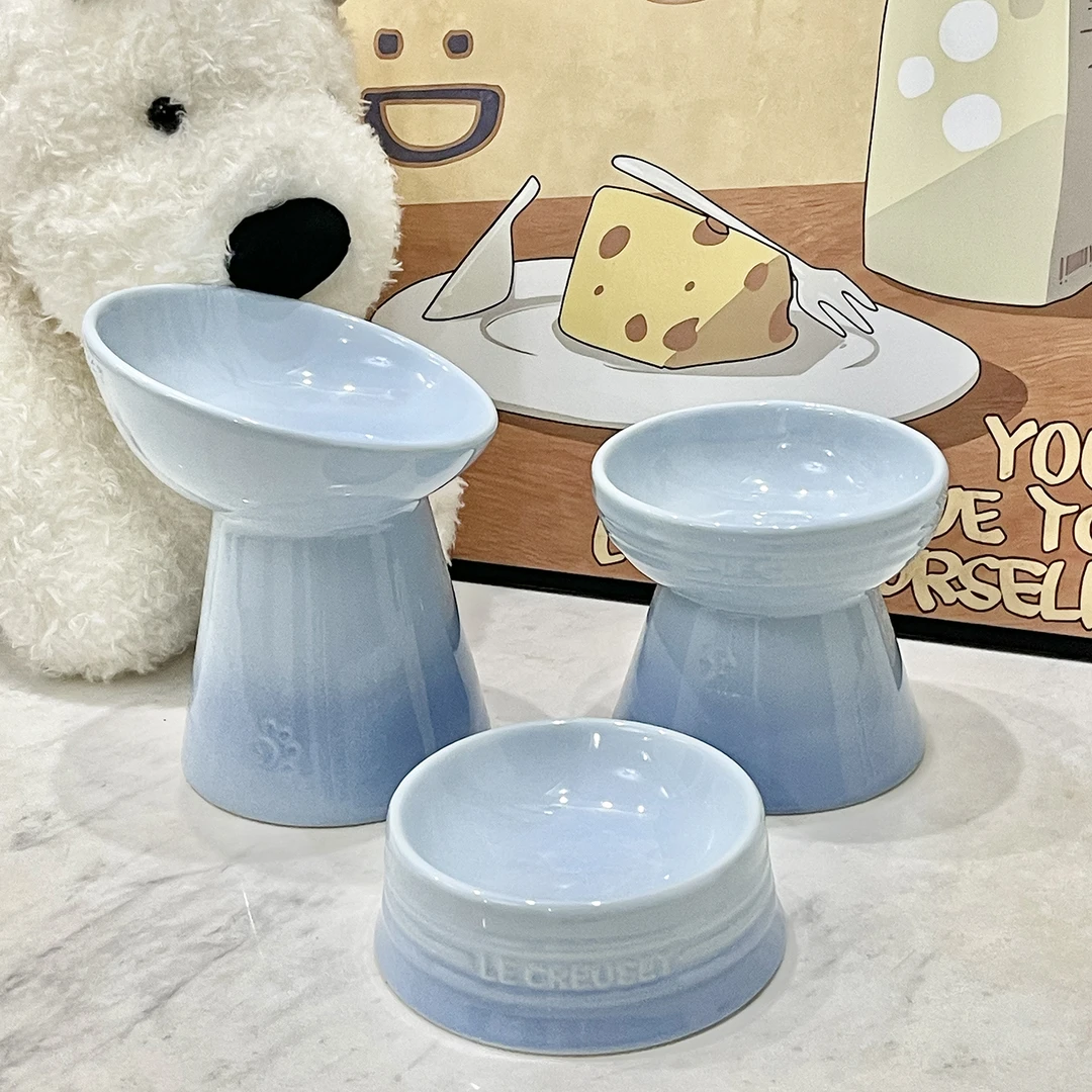 陶瓷猫碗高脚斜口增高护颈防黑下巴狗碗猫咪食盆加菲猫专用扁脸碗