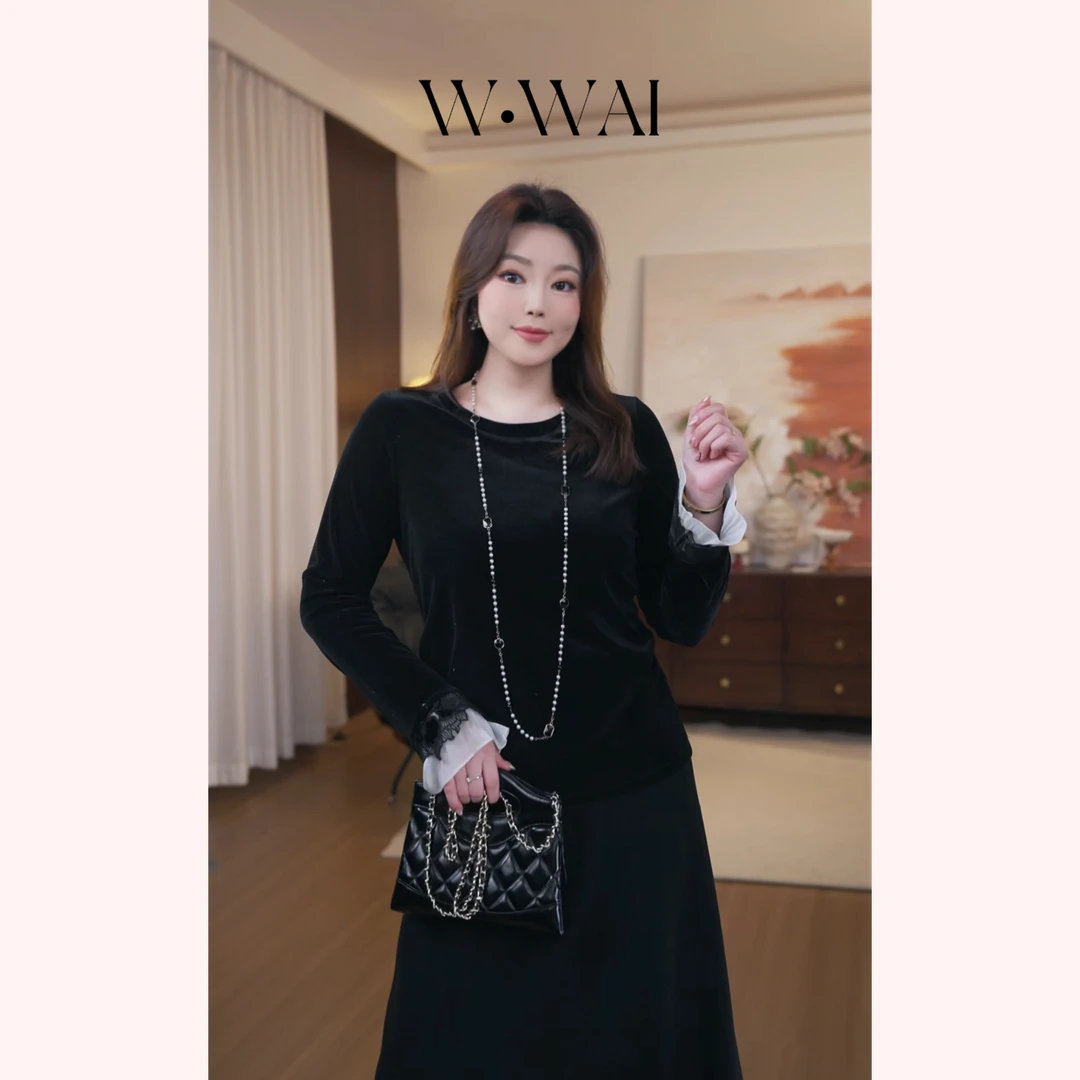 【绒禾】显瘦优雅袖扣拼接蕾丝百搭丝绒上衣 D54S369