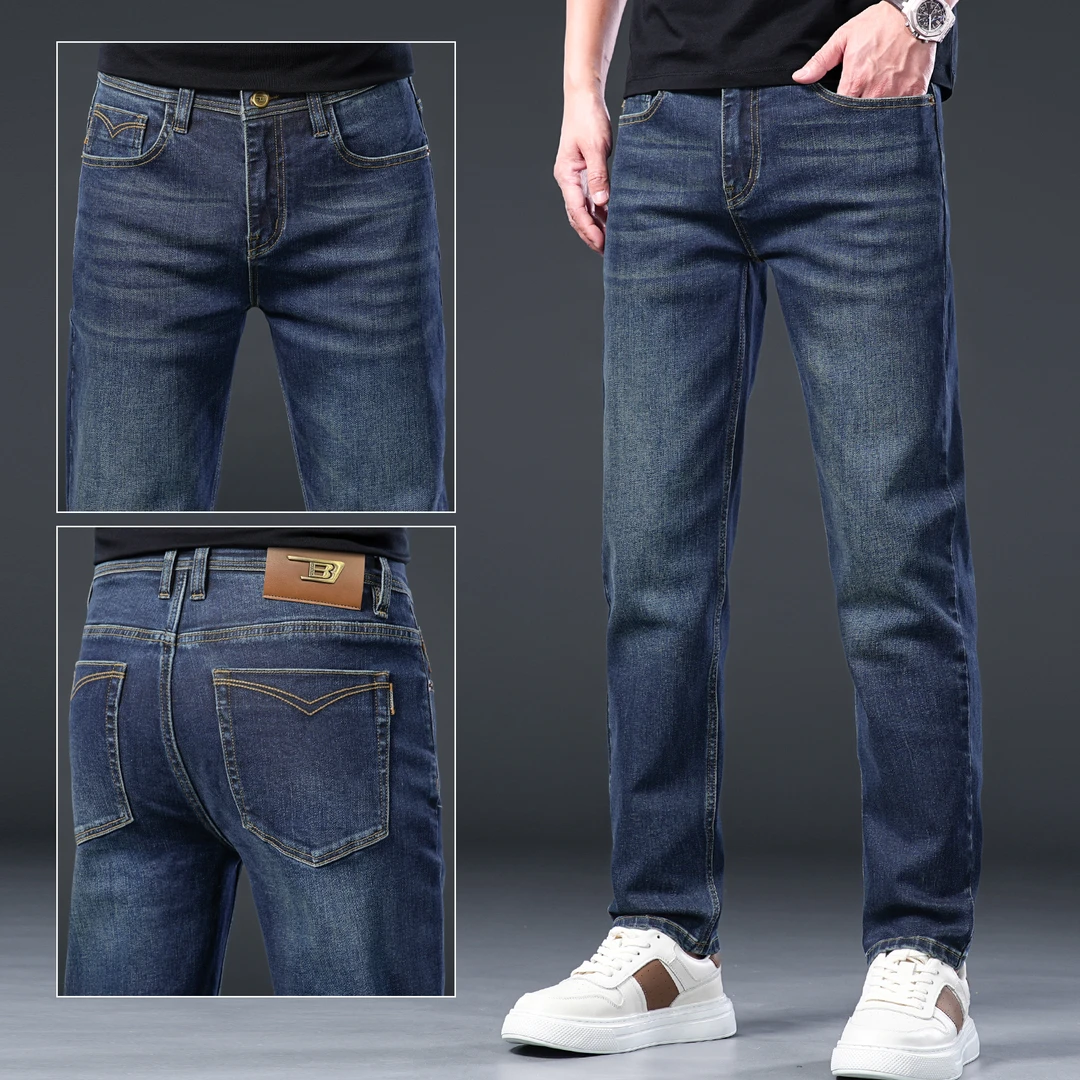 狄佛蒙特舒适厚款印花牛仔裤新款春秋款男士直筒修身四季裤子男装