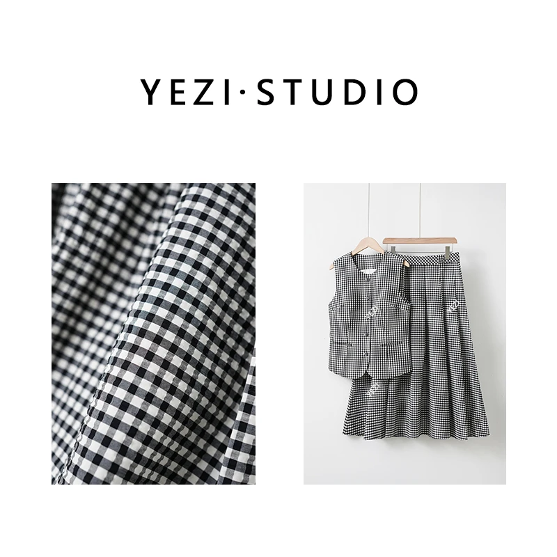 套装【胶囊穿搭】盐缩处理工艺黑白格纹马甲百褶裙套装25139014