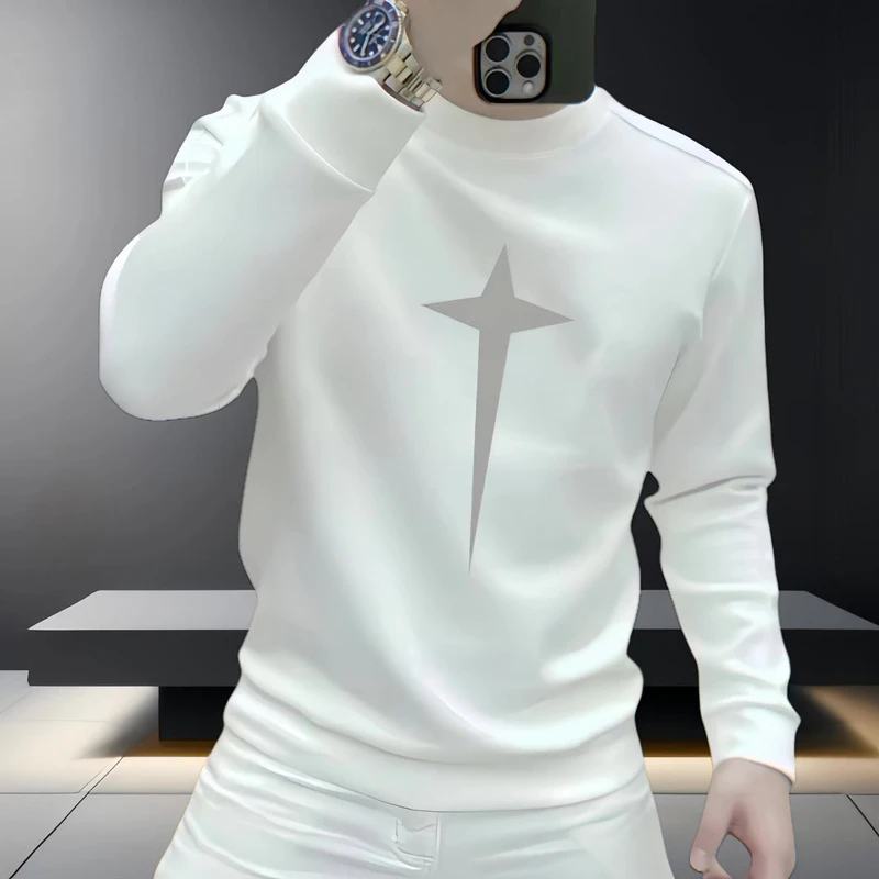 欧洲站潮牌时尚下坠星星印花加绒卫衣男士修身圆领白色内搭长袖男