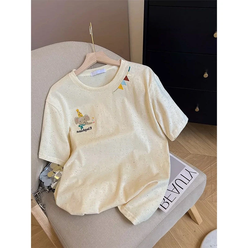 奶系复古可爱小象刺绣彩点短袖T恤女生夏季甜美减龄百搭休闲上衣