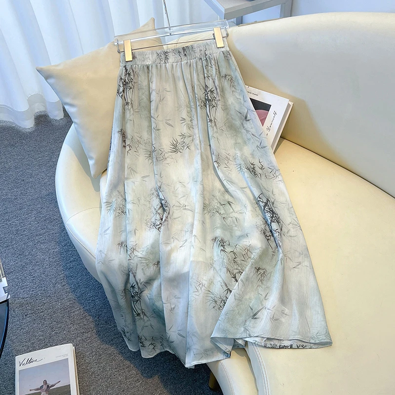 La Chapelle/拉夏贝尔大码新中式国风醋酸飘逸清新竹叶半身中长裙