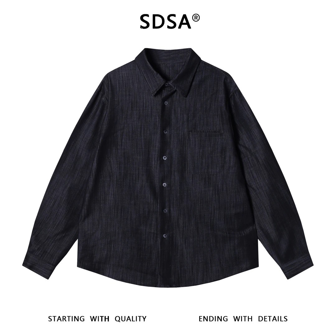 SDSA男士秋冬新款痞帅男装韩版竖纹口袋翻领长袖衬衫复古百搭衬衣