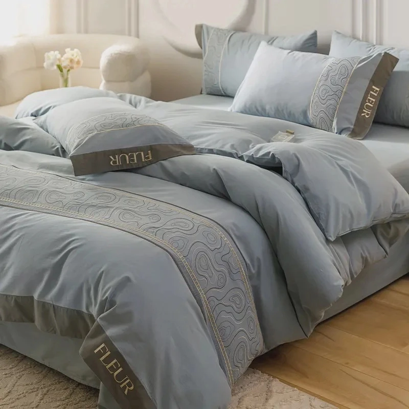 富安娜高端刺绣床上四件套100全棉被套纯棉被套床单床笠床上用品4