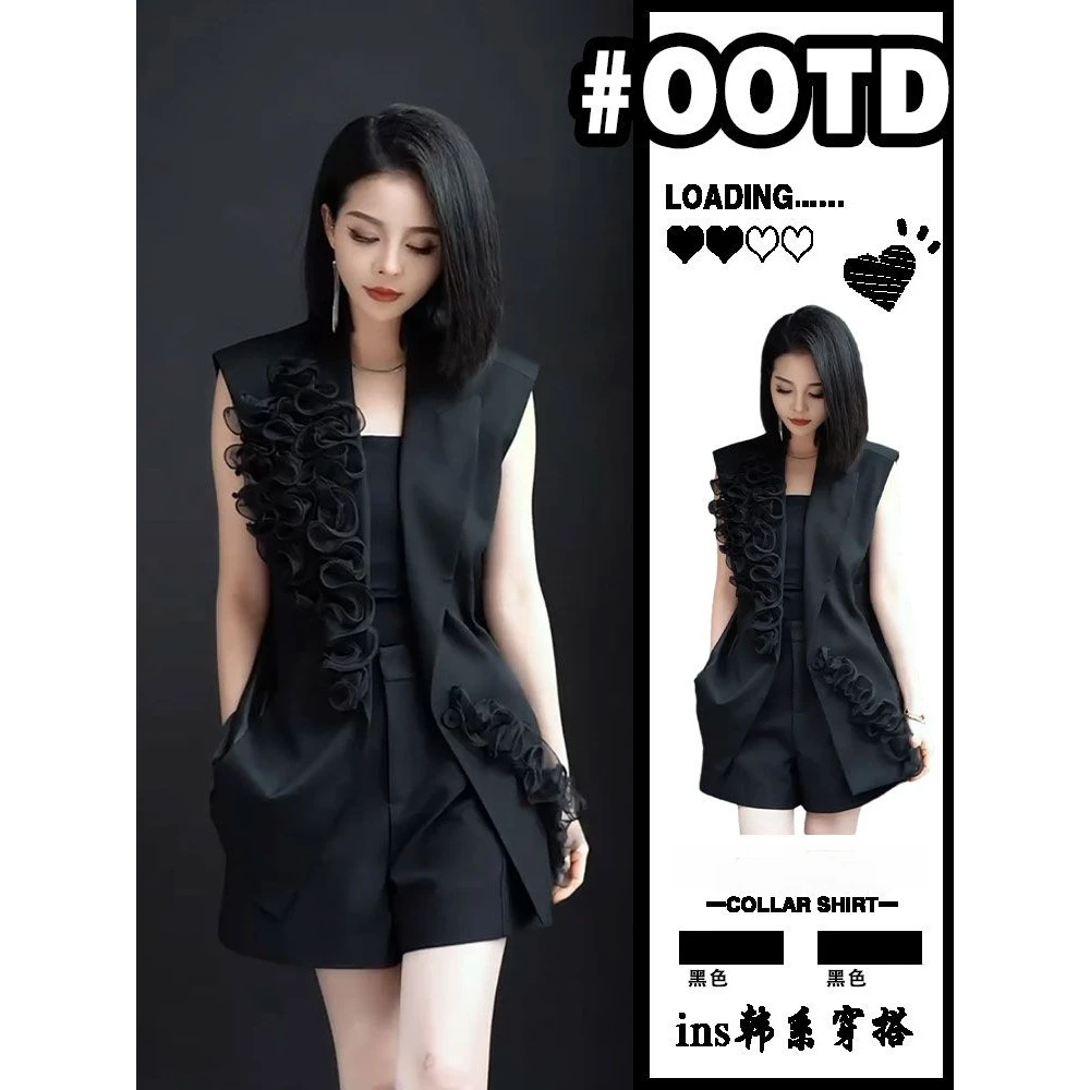 小香风黑色马甲外套女2025新款立体花朵领马夹上衣+短裤两件套装