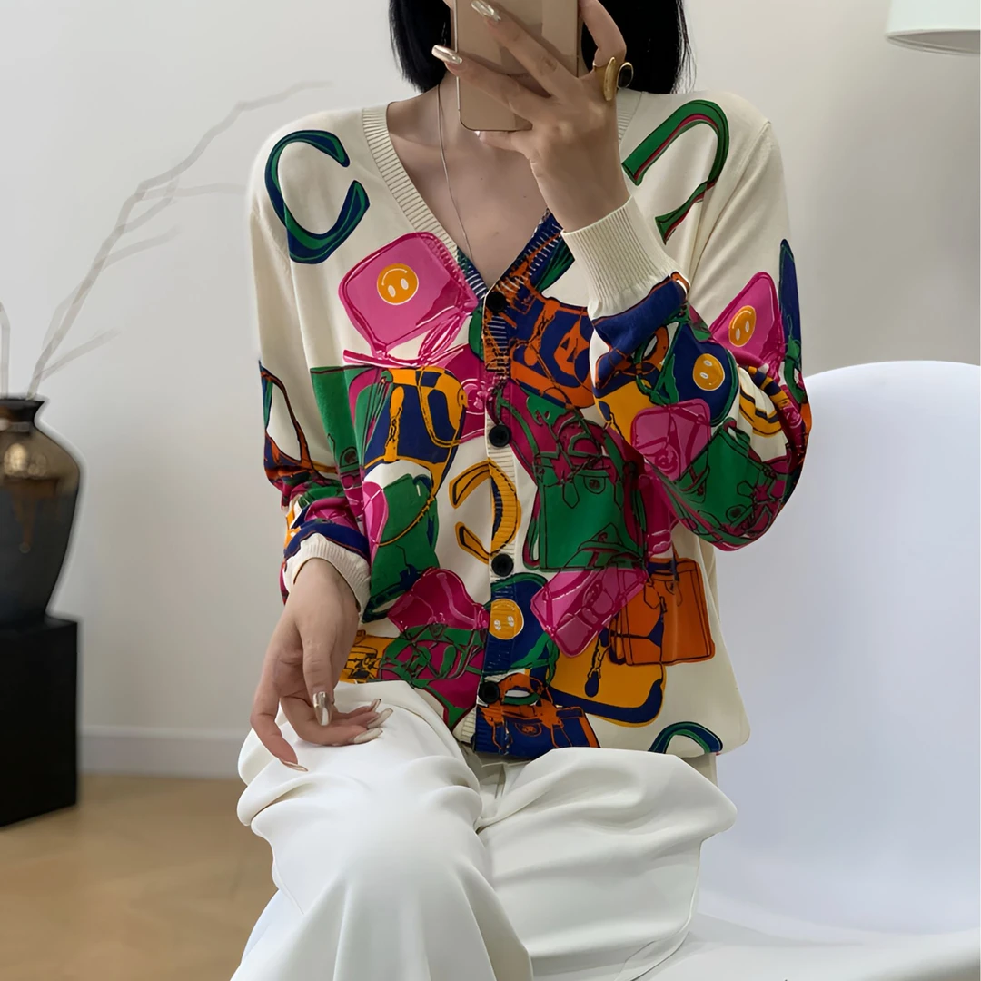 深圳南油春季抽象印花针织开衫女V领贴身软糯外搭气质高级感宽松