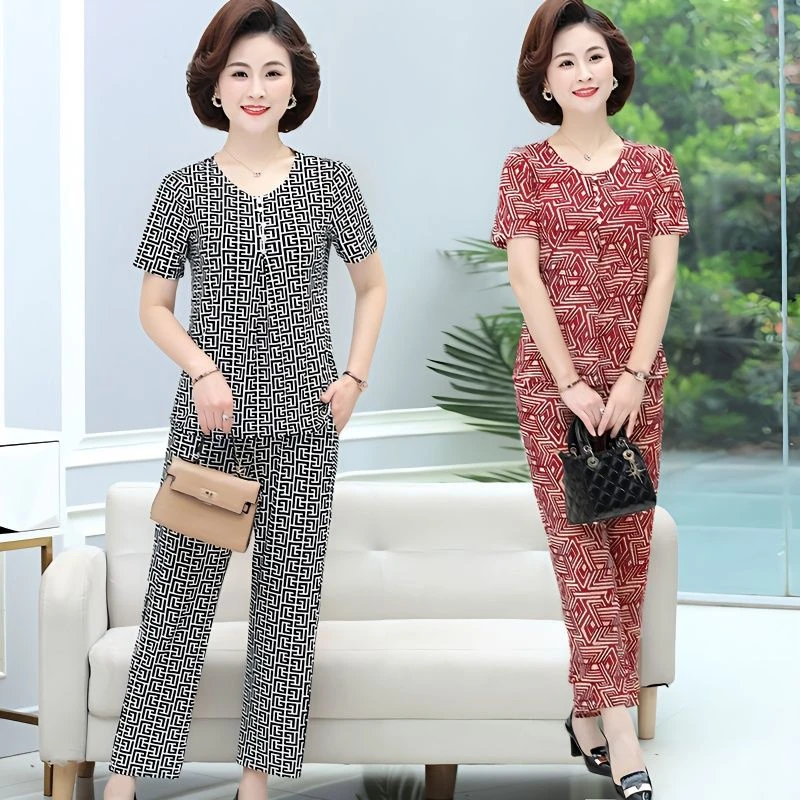 时尚套装女时尚外穿夏短袖妈妈中老年人两件套民族风碎花大码气质