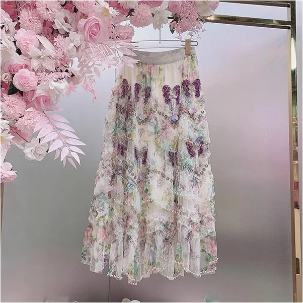 HH5923欧美设计师2024秋冬季新款重工钉珠串珠刺绣网纱碎花半身裙