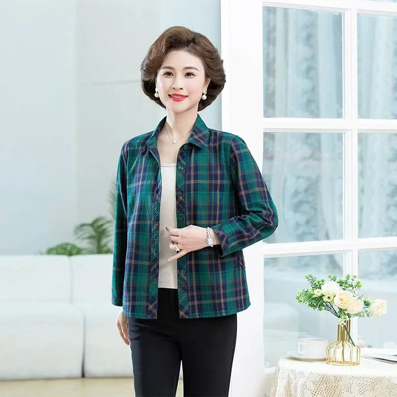 妈妈衬衣夏季新款100%纯棉格子长袖衬衫宽松大码婆婆上衣休闲外搭