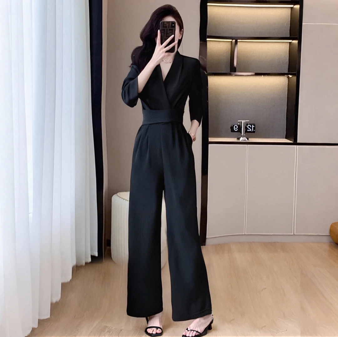 A法式名媛时尚垂感阔腿修身连体裤2025新款气质春季女装高腰D0524