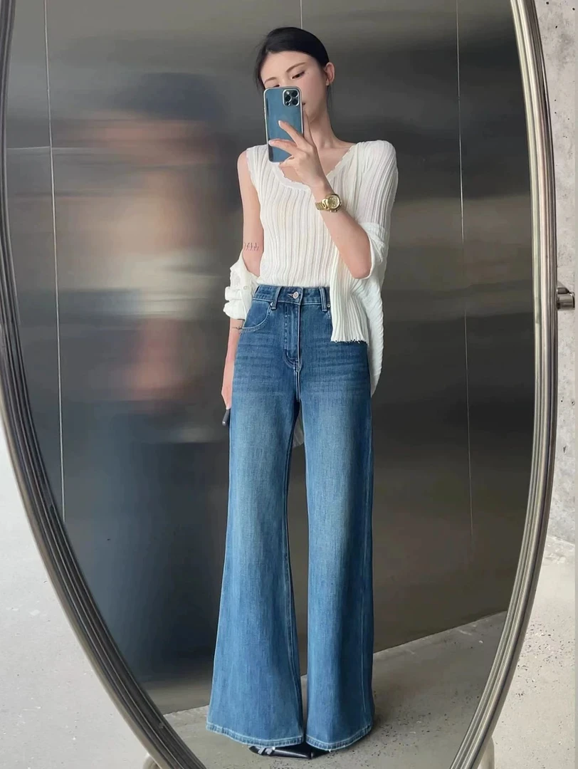 【胖哥-蓝海湾】四面弹高腰直筒大喇叭显瘦春季牛仔裤女时尚百搭