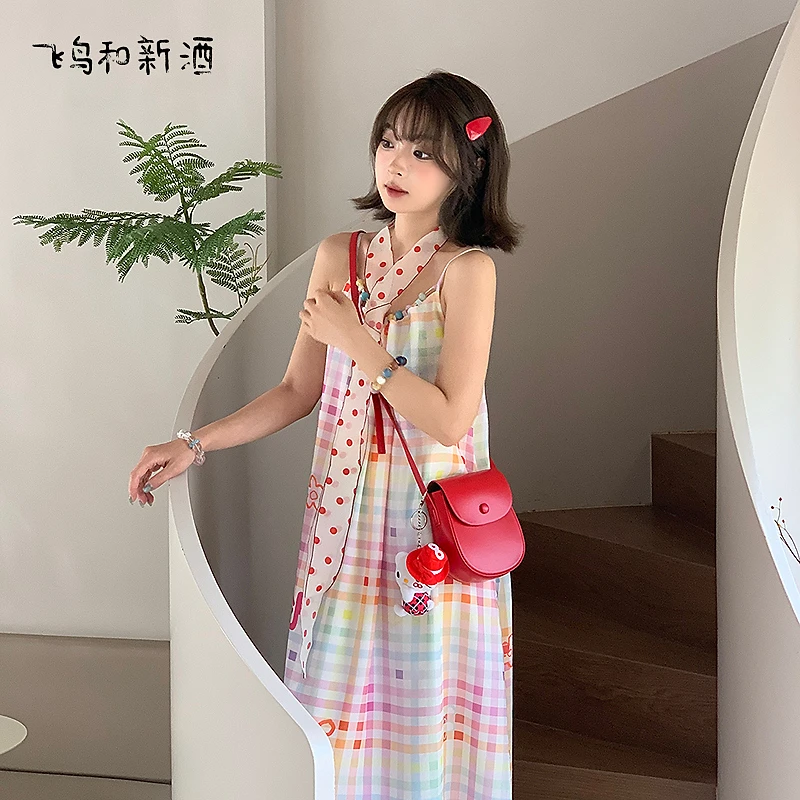 【大瑶】飞鸟和新酒格纹吊带雪纺连衣裙度假风女裙FD53182053