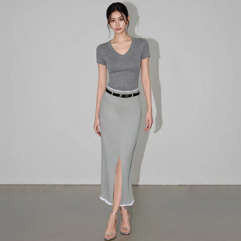 高腰开叉半身裙夏季新款气质西装显瘦显腿长中长半裙SHBZXW917826