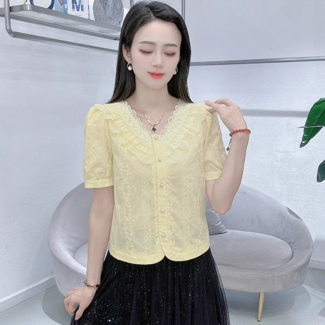 法式V领短袖衬衫女2025年夏季新款时尚百搭气质百搭显瘦小衫上衣