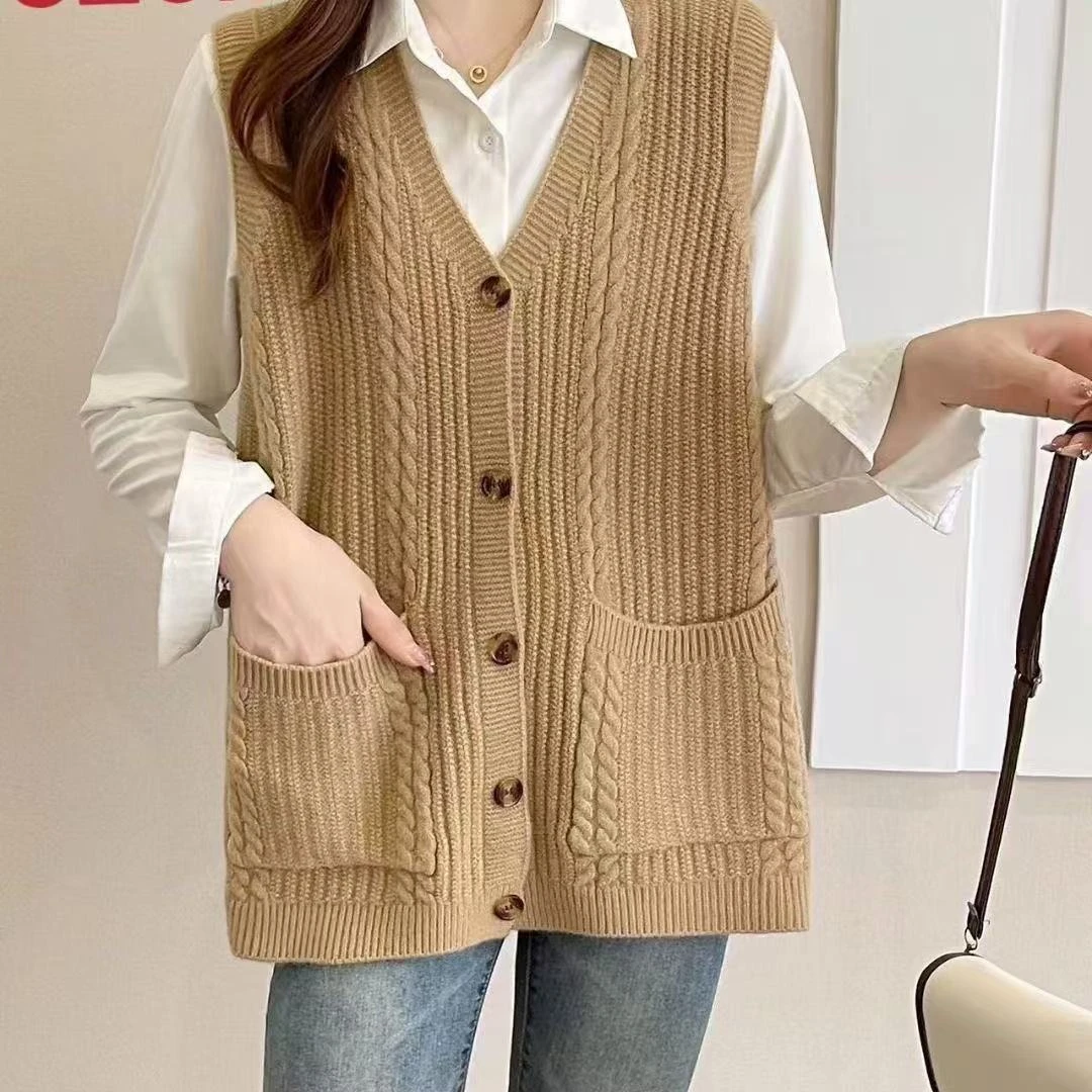 401新款装秋冬V领针织开衫背心时尚砍肩纯色针织马甲