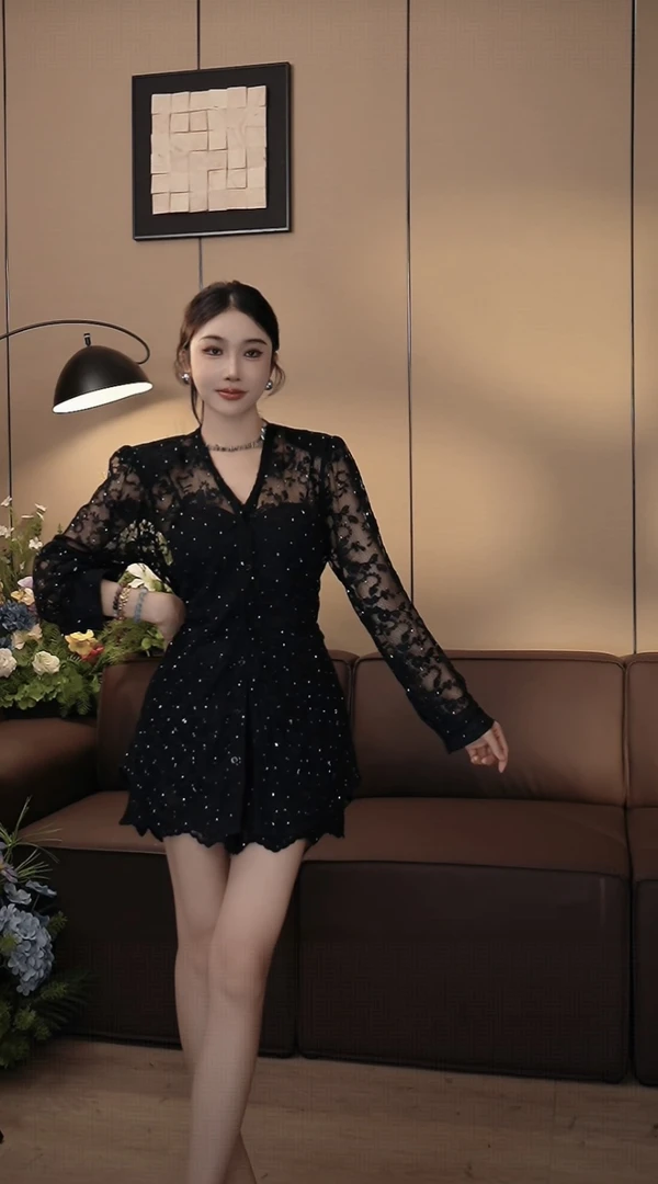 【沈百万】新款女装蕾丝饰纹理半透明套装气质时尚百搭女士显瘦长袖