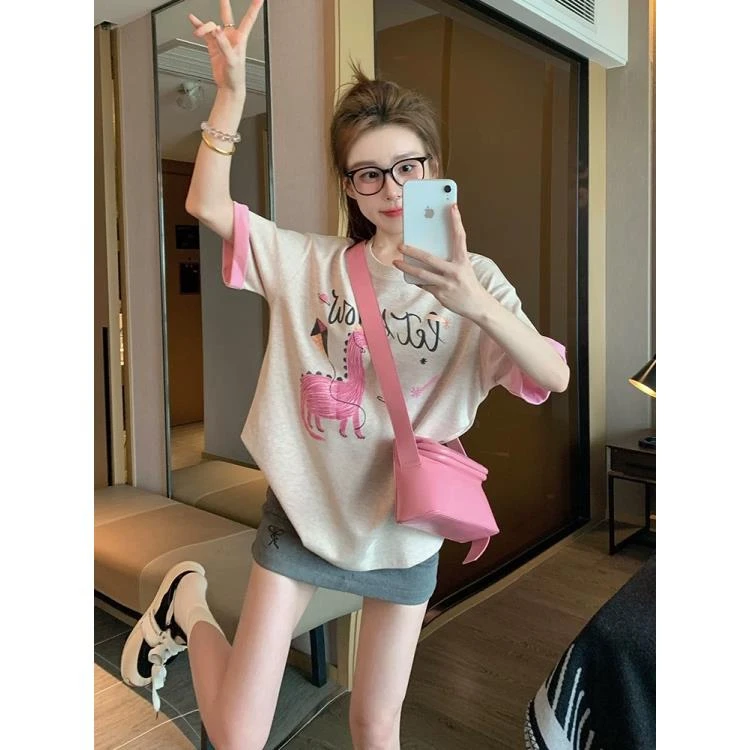 【小恐龙】美式粉色卡通撞色恐龙宽松休闲T恤高级感百搭上衣Y9242