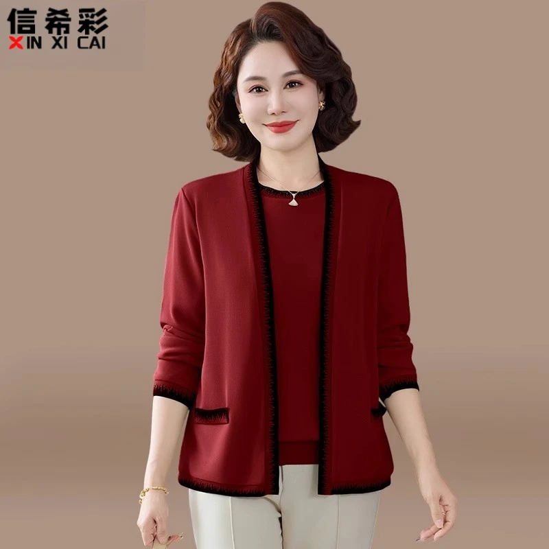 妈妈秋装喜婆婆婚宴装2025新款洋气中老年春秋针织小衫上衣套装女