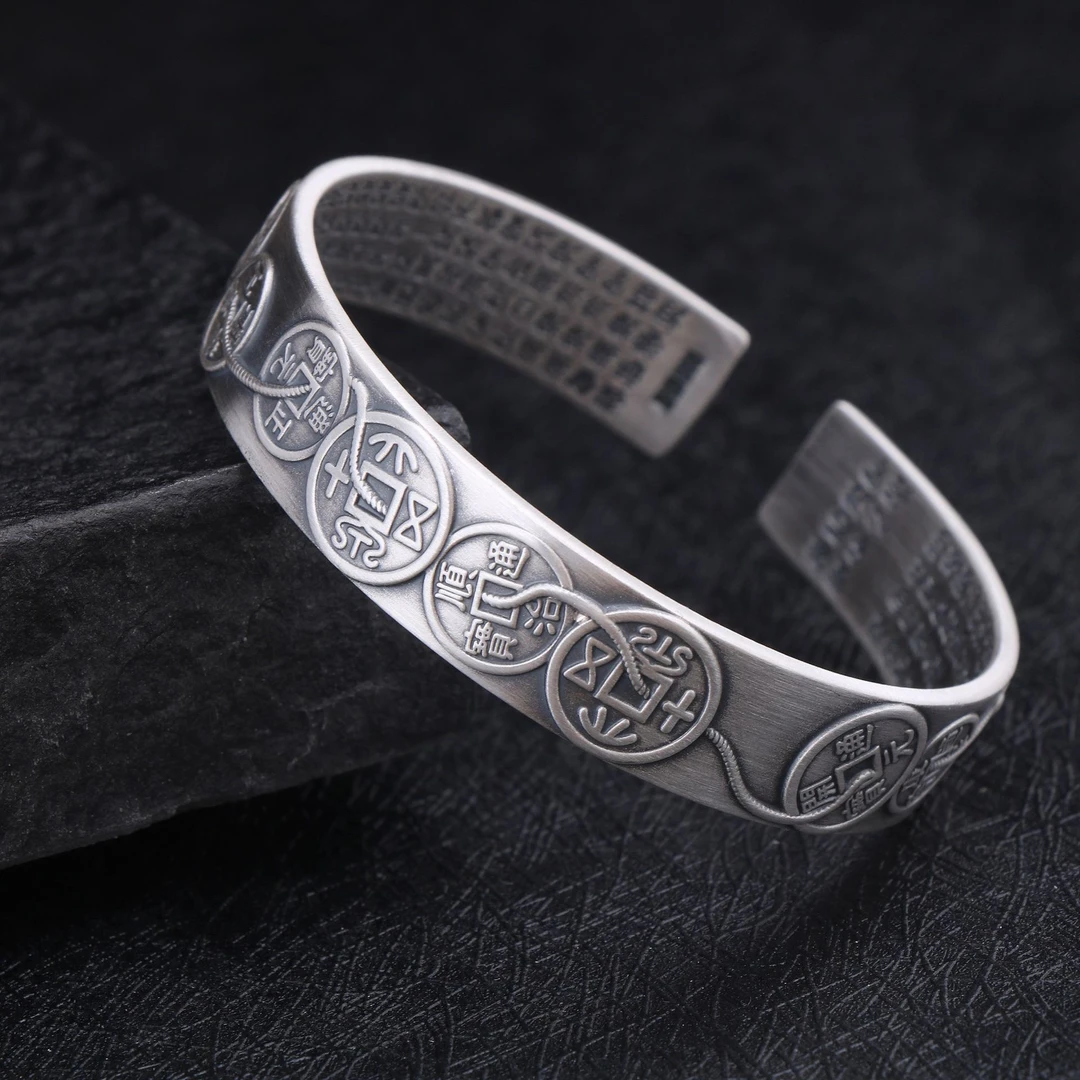 足银手镯 足银999五帝钱心经复古风开口实心潮男个性霸气宽版手镯