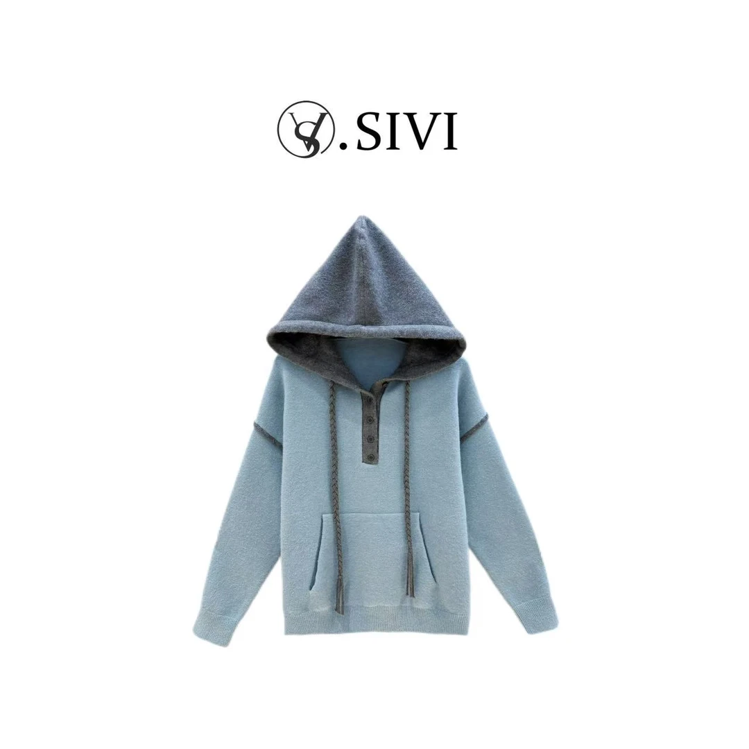 熙薇【灰调序曲】2025秋季新款时尚休闲百搭连帽毛衣上衣H5762