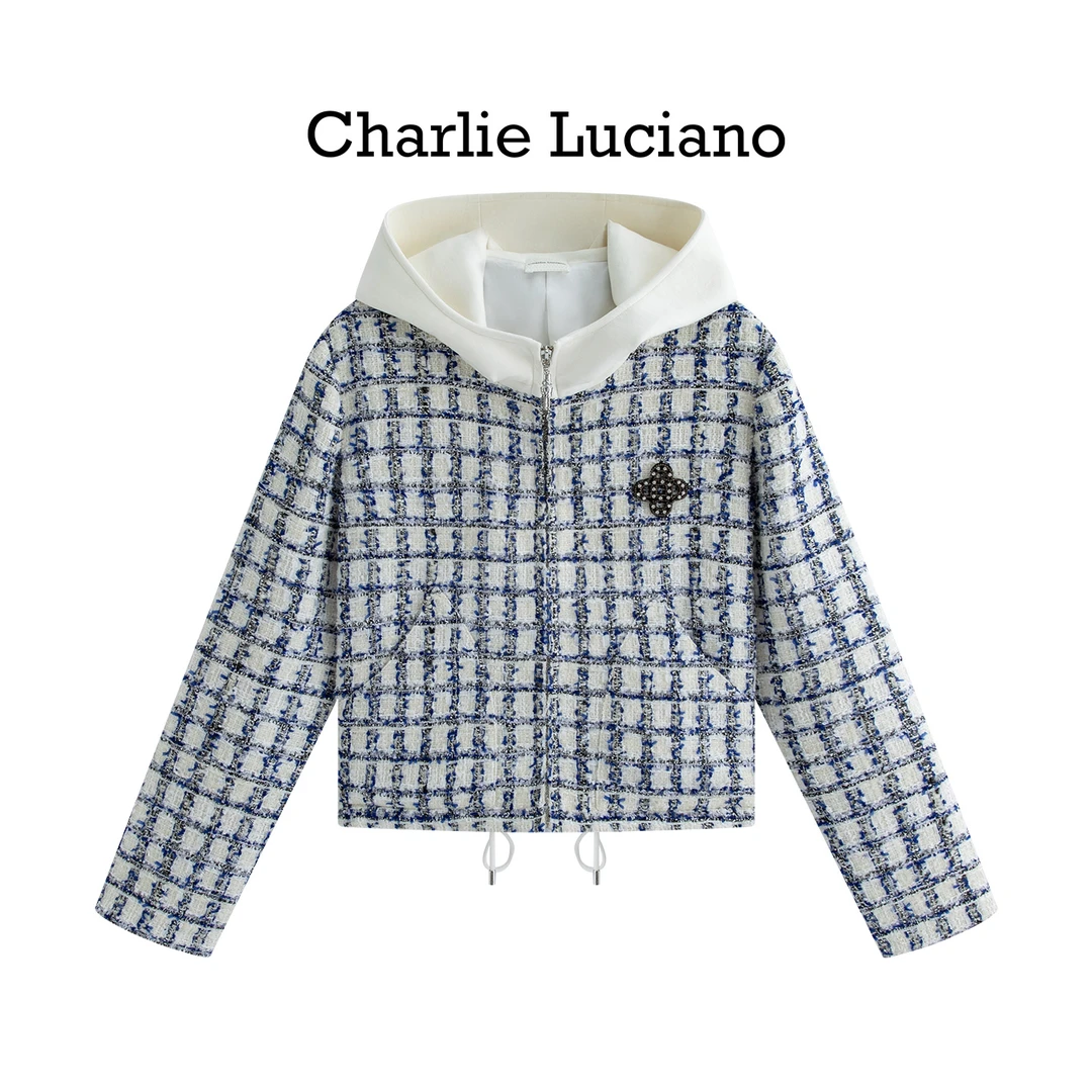 CharlieLuciano2025新款粗花呢拼接连帽夹克小香风气质时尚外套V
