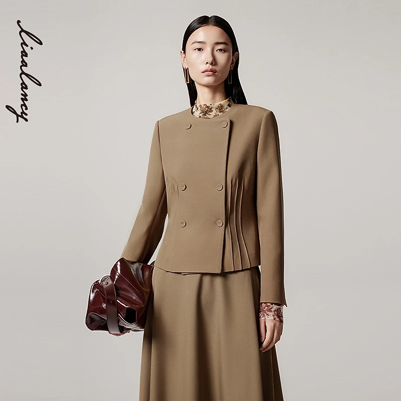 LANCY/朗姿2025年秋新款气质通勤修身收腰短外套女圆领双排扣上衣