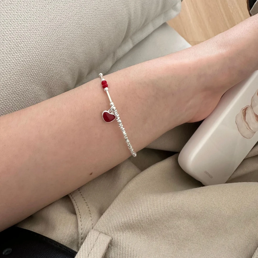 925银手链 925纯银红色滴油爱心碎银子手链女简约手工设计时髦个