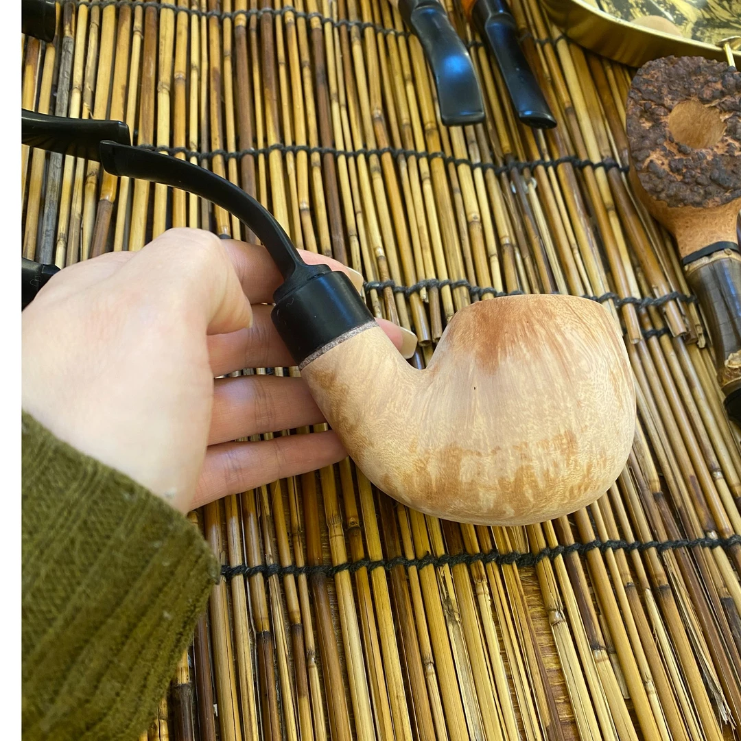 原木色手工石楠根瘤烟斗 大器型 大弯 有小沙眼