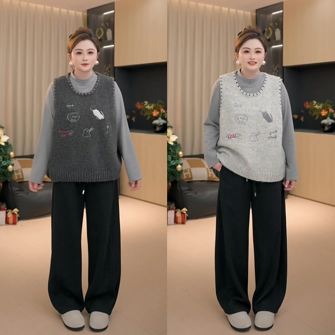 【胖佳佳】幻彩乐园毛织背心 冬季加厚刺绣马甲外套女H625Z19936