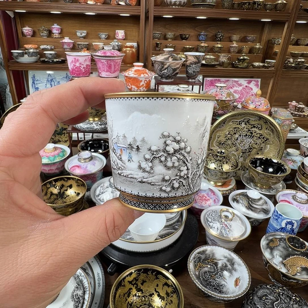 墨彩雪景描金直口杯