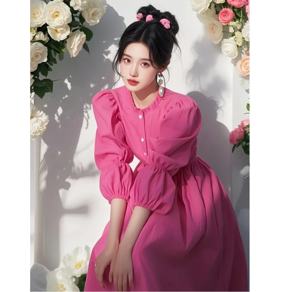 2025超火玫红色泡泡袖连衣裙气质名媛多巴胺独特绝美初恋清纯裙子