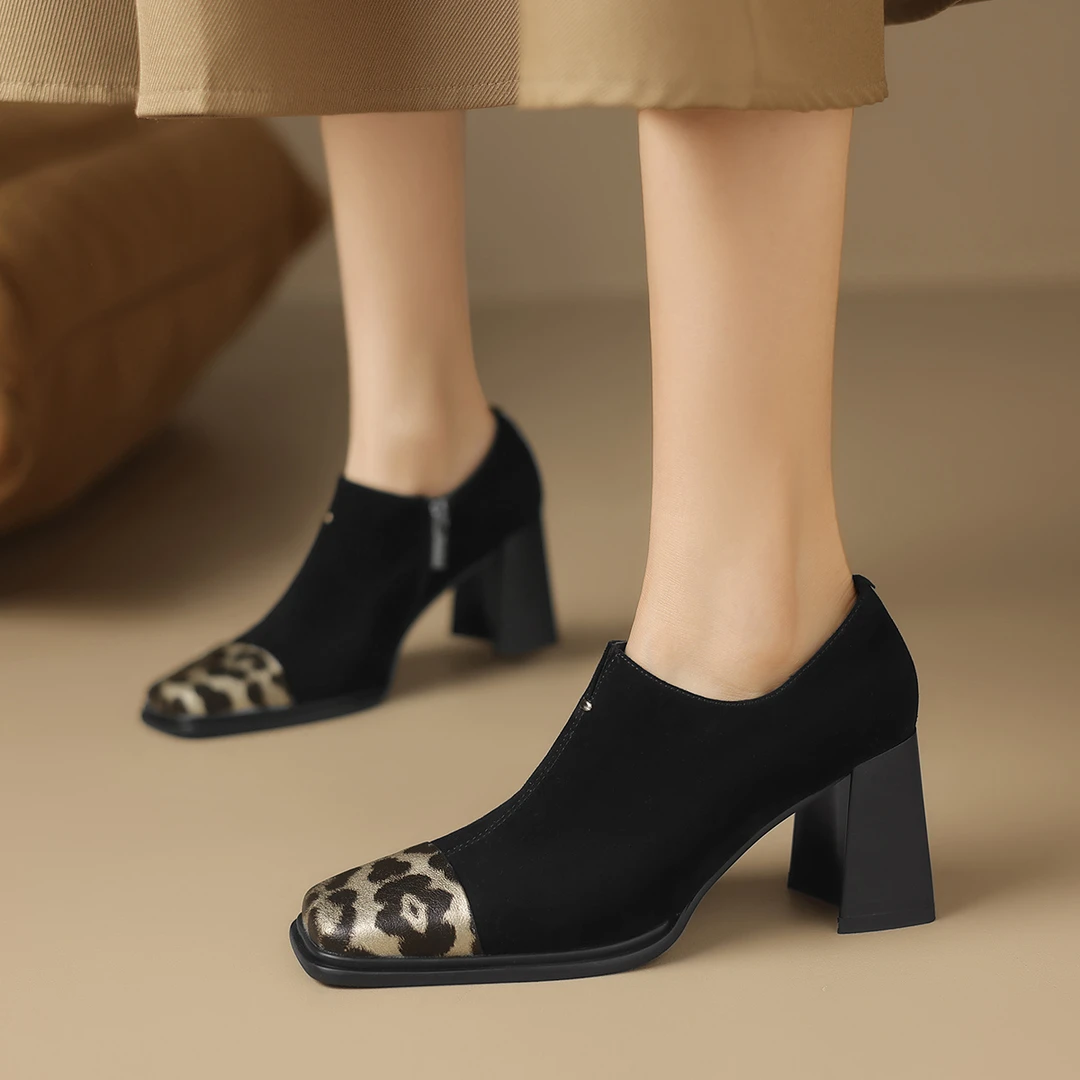 星期六新款真皮单鞋百搭软底黑色复古粗跟跟鞋法式气质春秋女鞋