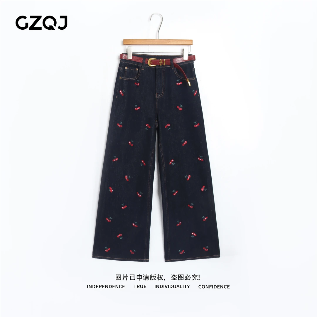 老琴私服【樱桃牛牛】 欧若风高腰显瘦刺绣直筒显瘦牛仔裤女秋0216