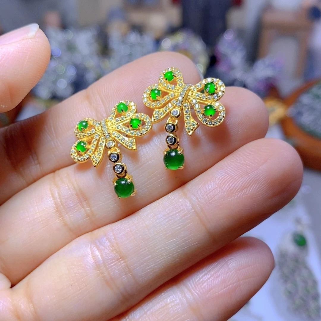 翡翠耳钉银S925镶嵌天然翡翠