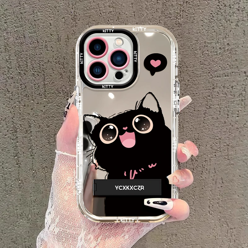 黑猫手机壳适用于苹果16oppo华为vivo创意流行可爱卡通镜面奶油壳