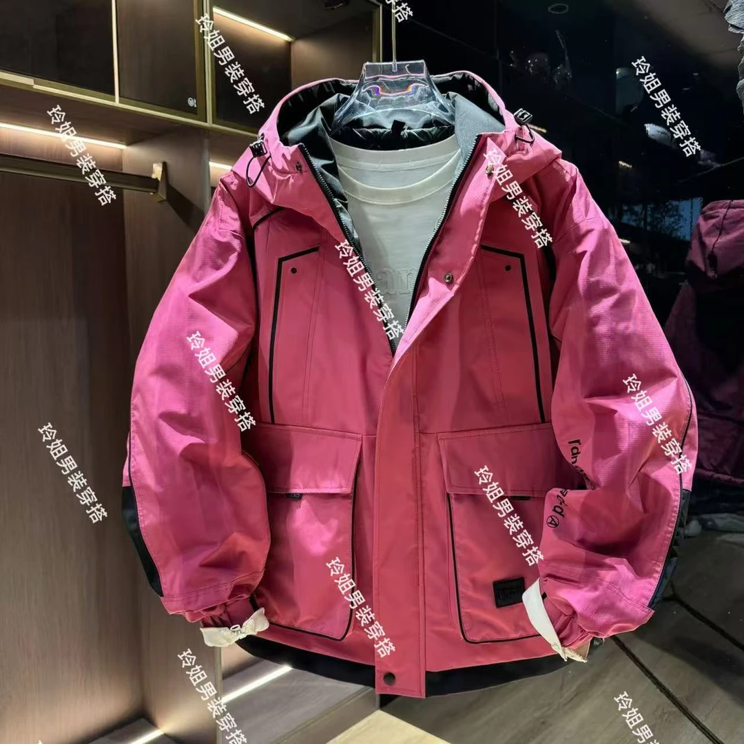 2024冬季新款潮牌休闲宽松拼接外套加棉工装连帽痞帅设计感男棉服