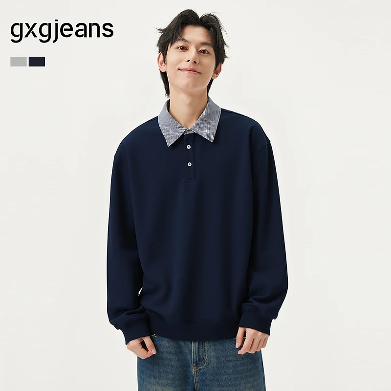 gxg.jeans男装 双色假两件简约时尚宽松翻领卫衣男士 25年秋新品