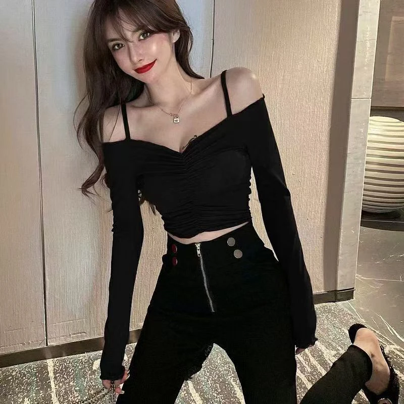 （港风ins）一字肩露肩短款上衣女紧身显瘦漏锁骨内搭打底T恤904紫