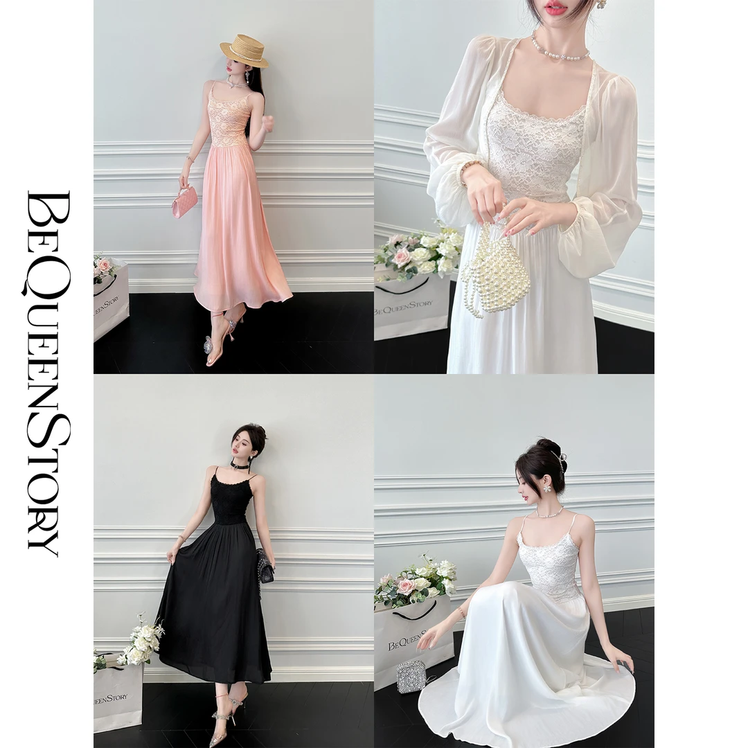 余潇潇【灿若夏花】夏季透气弹力蕾丝A字吊带伞裙连衣裙