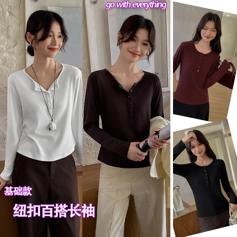 【精品云感棉】半开襟糖果色多巴胺纽扣圆领长袖T恤显瘦简约上衣女