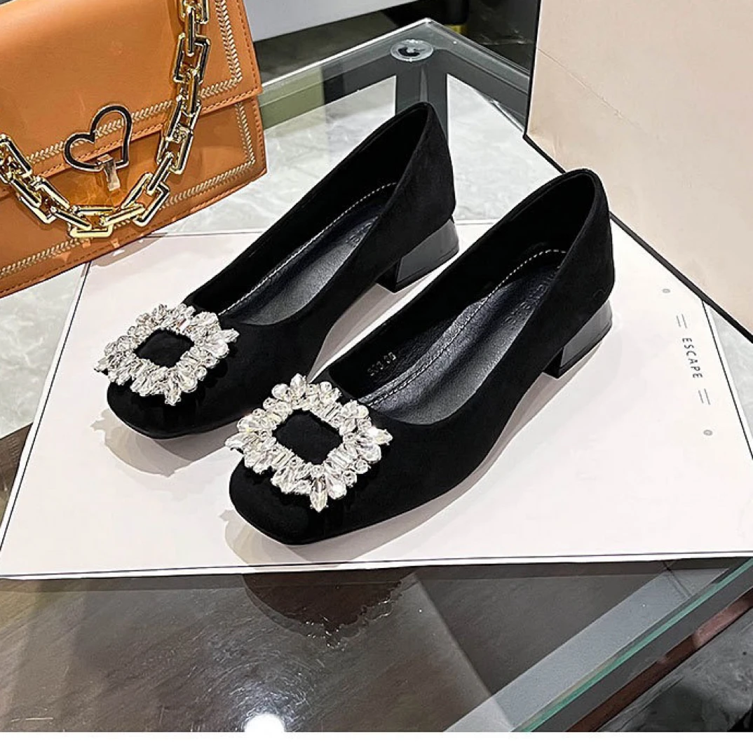 新款水钻方头粗跟时尚百搭绒面浅口单鞋软底四季低跟鞋300-2