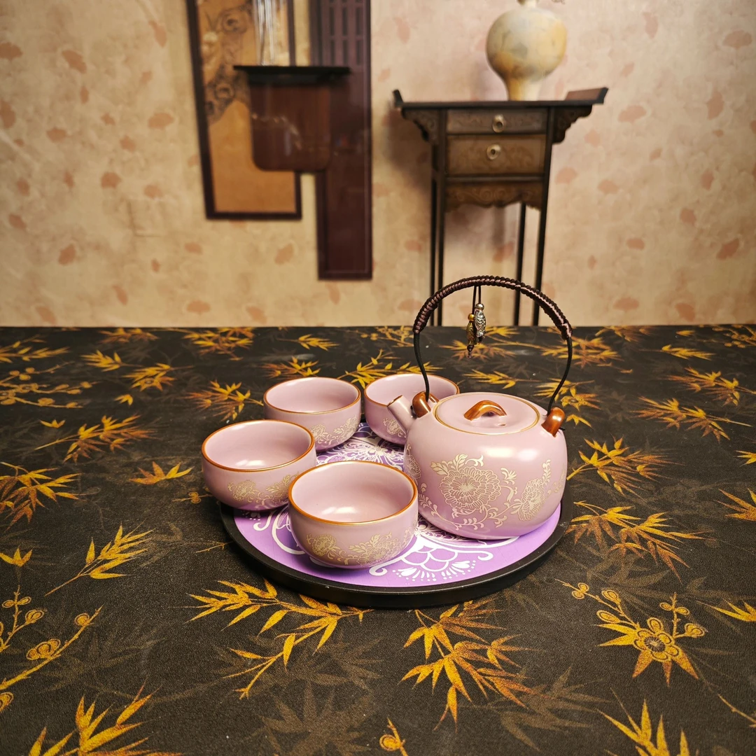 SZ紫汝双鱼提梁壶+杯子4只+茶盘ZH 3636