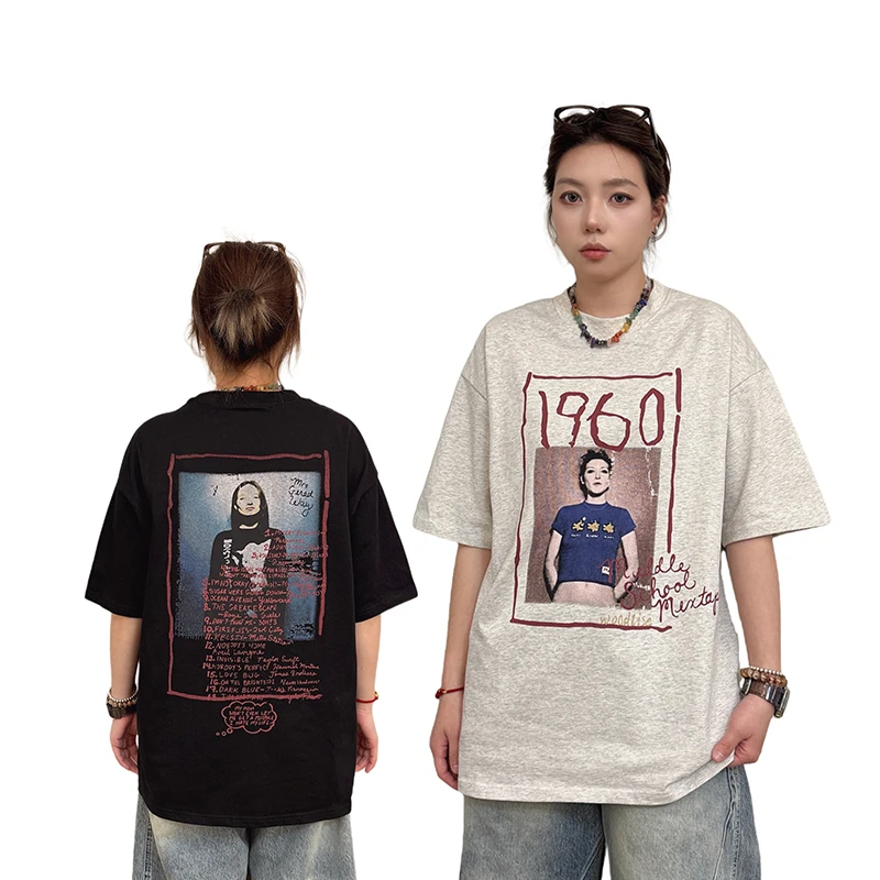 美式复古短袖t恤男女夏季宽松oversize小众人物印花半袖上衣潮