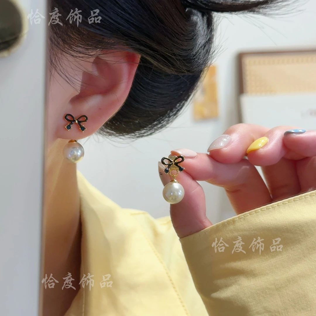 【恰度】黑色蝴蝶结温柔珠珠吊坠耳钉